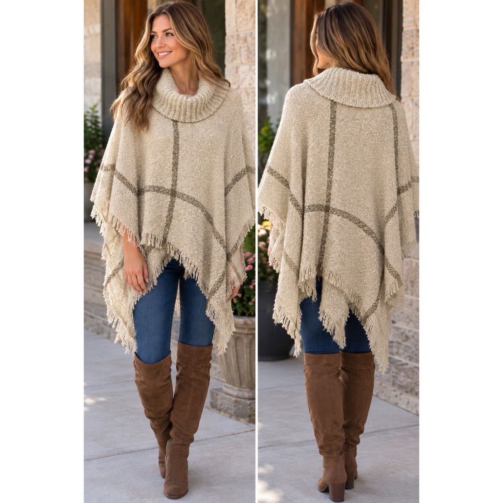 Maison Jules S/M Plaid Fringe Poncho Sweater Cowl Neck Oatmeal Boho Fall 2015